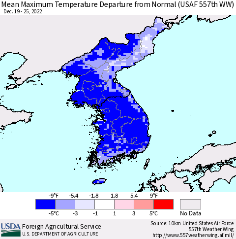 Korea Mean Maximum Temperature Departure from Normal (USAF 557th WW) Thematic Map For 12/19/2022 - 12/25/2022