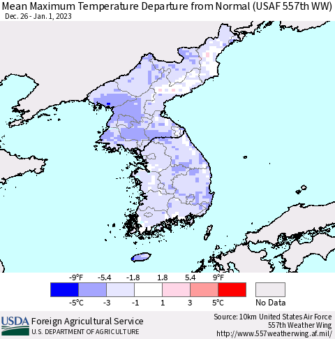 Korea Mean Maximum Temperature Departure from Normal (USAF 557th WW) Thematic Map For 12/26/2022 - 1/1/2023