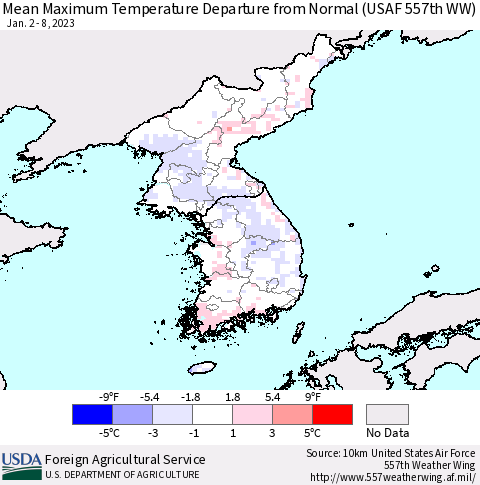 Korea Mean Maximum Temperature Departure from Normal (USAF 557th WW) Thematic Map For 1/2/2023 - 1/8/2023