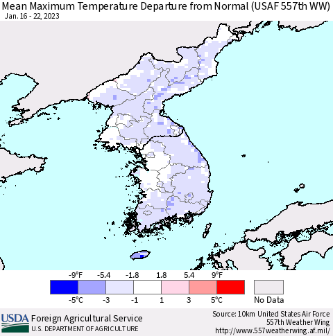Korea Mean Maximum Temperature Departure from Normal (USAF 557th WW) Thematic Map For 1/16/2023 - 1/22/2023
