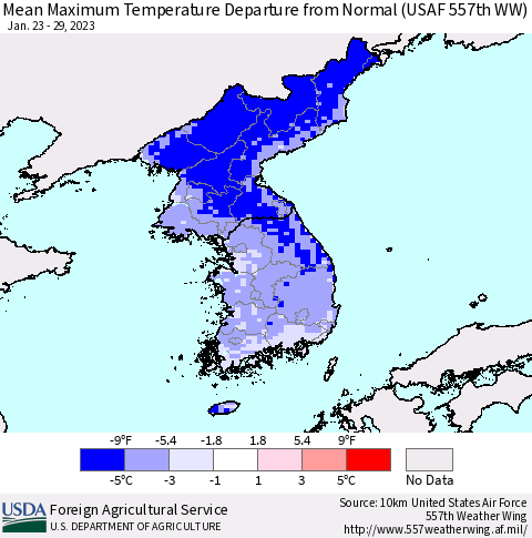 Korea Mean Maximum Temperature Departure from Normal (USAF 557th WW) Thematic Map For 1/23/2023 - 1/29/2023