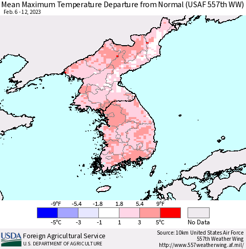 Korea Mean Maximum Temperature Departure from Normal (USAF 557th WW) Thematic Map For 2/6/2023 - 2/12/2023
