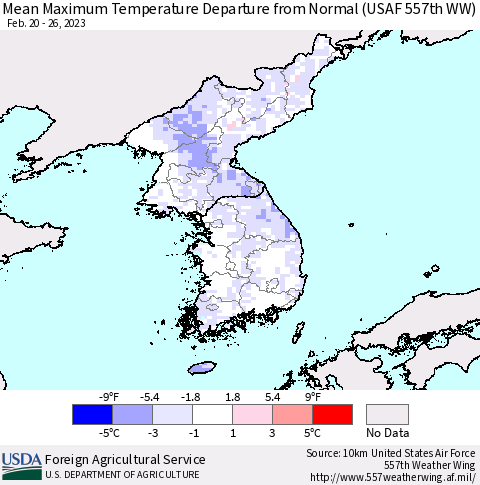 Korea Mean Maximum Temperature Departure from Normal (USAF 557th WW) Thematic Map For 2/20/2023 - 2/26/2023