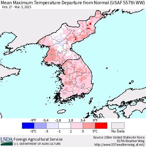 Korea Mean Maximum Temperature Departure from Normal (USAF 557th WW) Thematic Map For 2/27/2023 - 3/5/2023