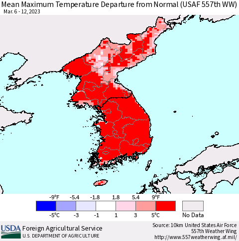 Korea Mean Maximum Temperature Departure from Normal (USAF 557th WW) Thematic Map For 3/6/2023 - 3/12/2023