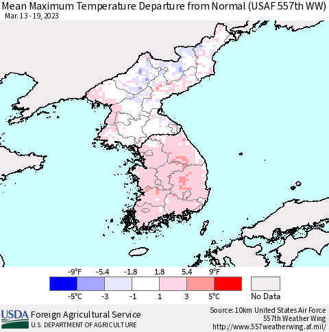 Korea Mean Maximum Temperature Departure from Normal (USAF 557th WW) Thematic Map For 3/13/2023 - 3/19/2023