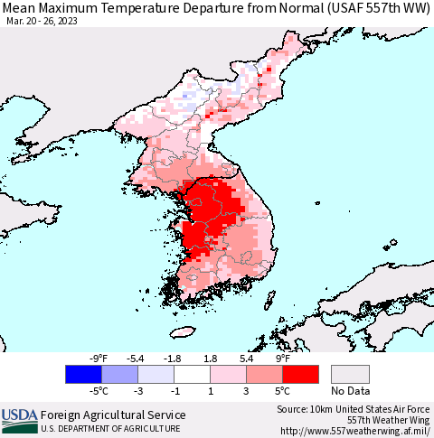 Korea Mean Maximum Temperature Departure from Normal (USAF 557th WW) Thematic Map For 3/20/2023 - 3/26/2023