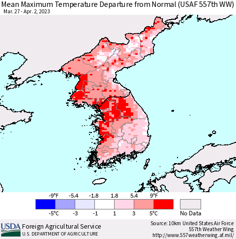 Korea Mean Maximum Temperature Departure from Normal (USAF 557th WW) Thematic Map For 3/27/2023 - 4/2/2023