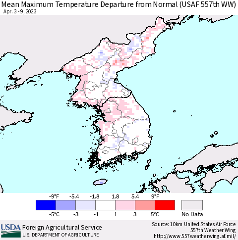 Korea Mean Maximum Temperature Departure from Normal (USAF 557th WW) Thematic Map For 4/3/2023 - 4/9/2023