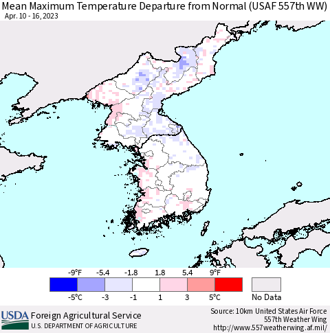 Korea Mean Maximum Temperature Departure from Normal (USAF 557th WW) Thematic Map For 4/10/2023 - 4/16/2023