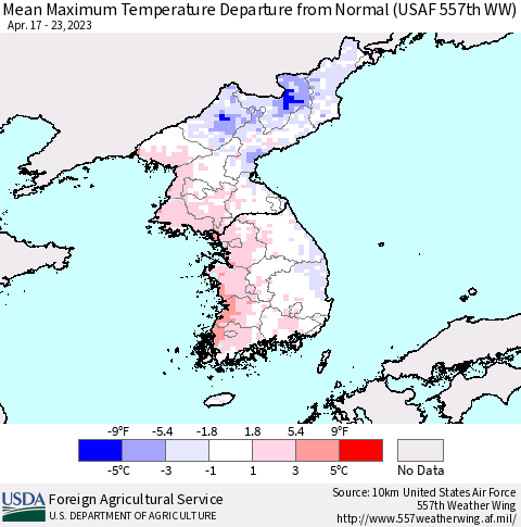 Korea Mean Maximum Temperature Departure from Normal (USAF 557th WW) Thematic Map For 4/17/2023 - 4/23/2023