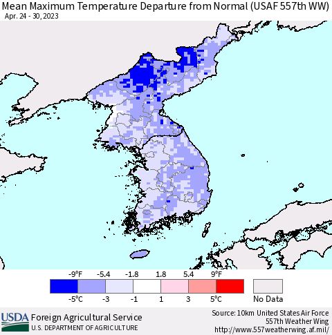 Korea Mean Maximum Temperature Departure from Normal (USAF 557th WW) Thematic Map For 4/24/2023 - 4/30/2023