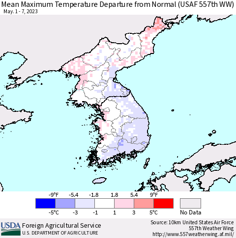 Korea Mean Maximum Temperature Departure from Normal (USAF 557th WW) Thematic Map For 5/1/2023 - 5/7/2023