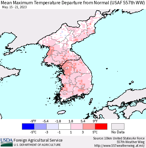 Korea Mean Maximum Temperature Departure from Normal (USAF 557th WW) Thematic Map For 5/15/2023 - 5/21/2023