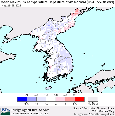 Korea Mean Maximum Temperature Departure from Normal (USAF 557th WW) Thematic Map For 5/22/2023 - 5/28/2023