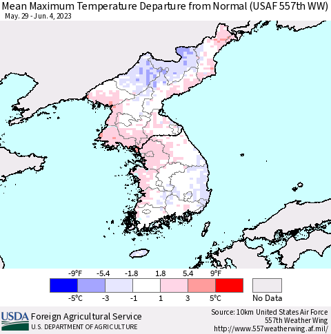 Korea Mean Maximum Temperature Departure from Normal (USAF 557th WW) Thematic Map For 5/29/2023 - 6/4/2023