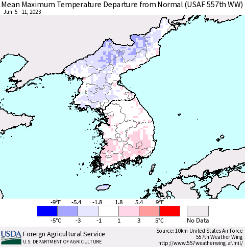 Korea Mean Maximum Temperature Departure from Normal (USAF 557th WW) Thematic Map For 6/5/2023 - 6/11/2023