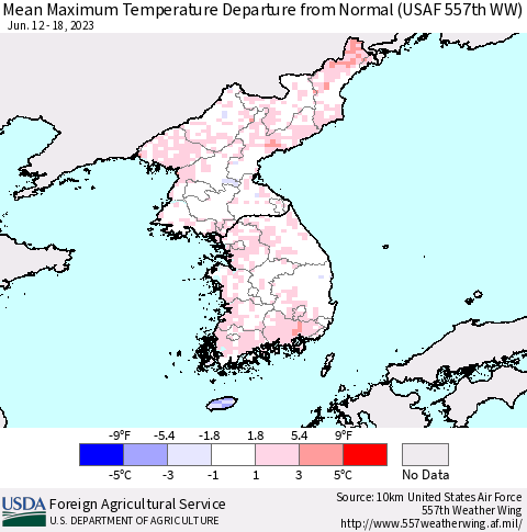Korea Mean Maximum Temperature Departure from Normal (USAF 557th WW) Thematic Map For 6/12/2023 - 6/18/2023