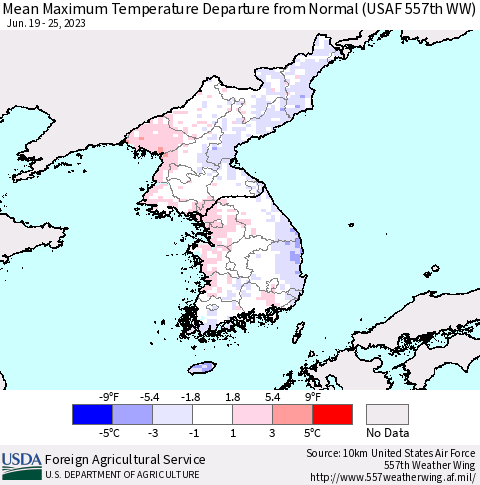 Korea Mean Maximum Temperature Departure from Normal (USAF 557th WW) Thematic Map For 6/19/2023 - 6/25/2023