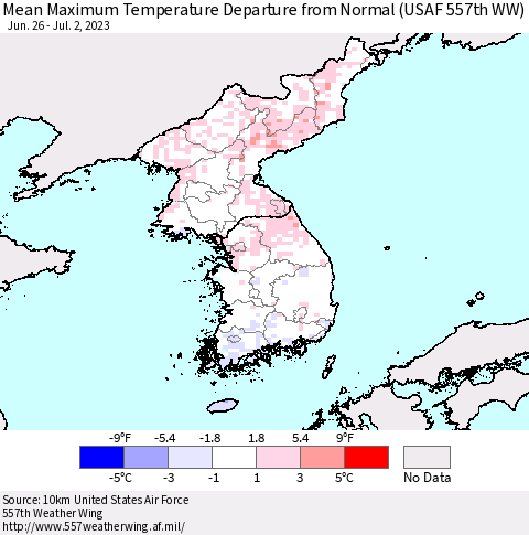 Korea Mean Maximum Temperature Departure from Normal (USAF 557th WW) Thematic Map For 6/26/2023 - 7/2/2023