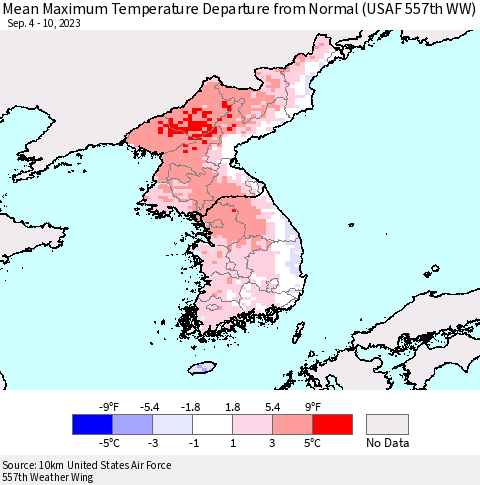 Korea Mean Maximum Temperature Departure from Normal (USAF 557th WW) Thematic Map For 9/4/2023 - 9/10/2023