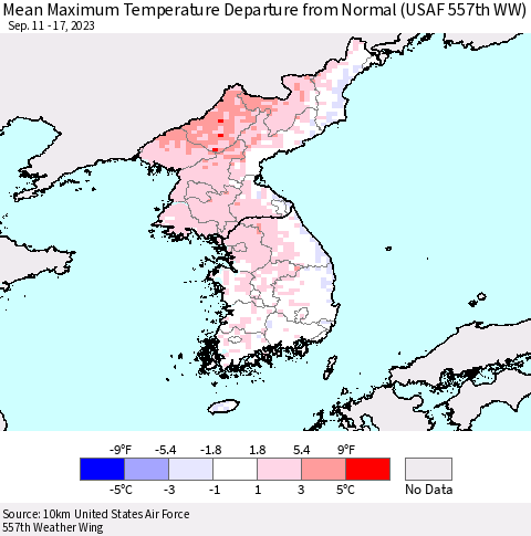 Korea Mean Maximum Temperature Departure from Normal (USAF 557th WW) Thematic Map For 9/11/2023 - 9/17/2023