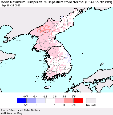 Korea Mean Maximum Temperature Departure from Normal (USAF 557th WW) Thematic Map For 9/18/2023 - 9/24/2023