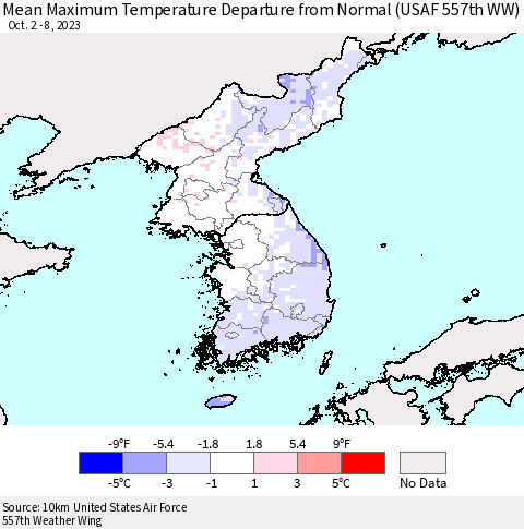 Korea Mean Maximum Temperature Departure from Normal (USAF 557th WW) Thematic Map For 10/2/2023 - 10/8/2023