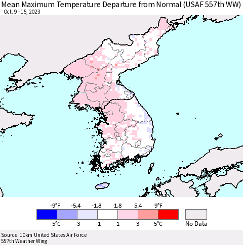 Korea Mean Maximum Temperature Departure from Normal (USAF 557th WW) Thematic Map For 10/9/2023 - 10/15/2023