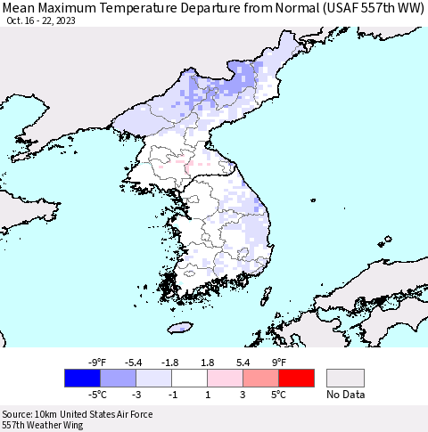 Korea Mean Maximum Temperature Departure from Normal (USAF 557th WW) Thematic Map For 10/16/2023 - 10/22/2023