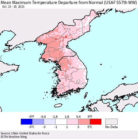 Korea Mean Maximum Temperature Departure from Normal (USAF 557th WW) Thematic Map For 10/23/2023 - 10/29/2023