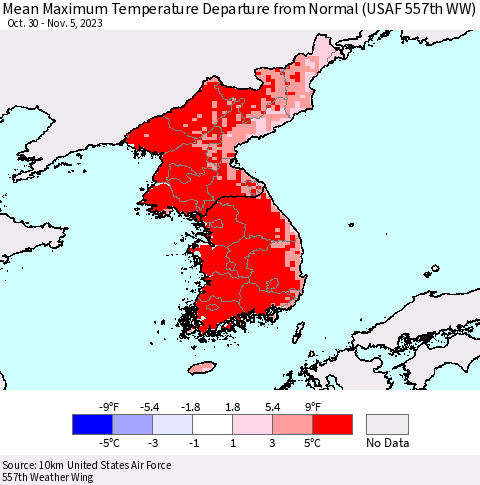 Korea Mean Maximum Temperature Departure from Normal (USAF 557th WW) Thematic Map For 10/30/2023 - 11/5/2023