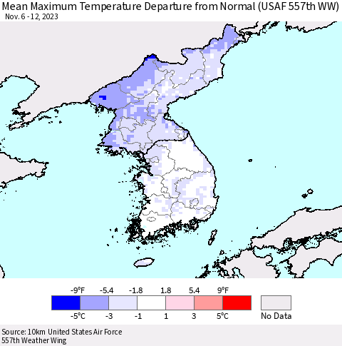 Korea Mean Maximum Temperature Departure from Normal (USAF 557th WW) Thematic Map For 11/6/2023 - 11/12/2023