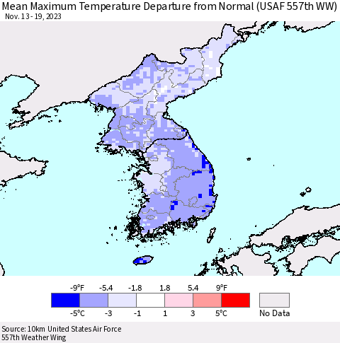 Korea Mean Maximum Temperature Departure from Normal (USAF 557th WW) Thematic Map For 11/13/2023 - 11/19/2023