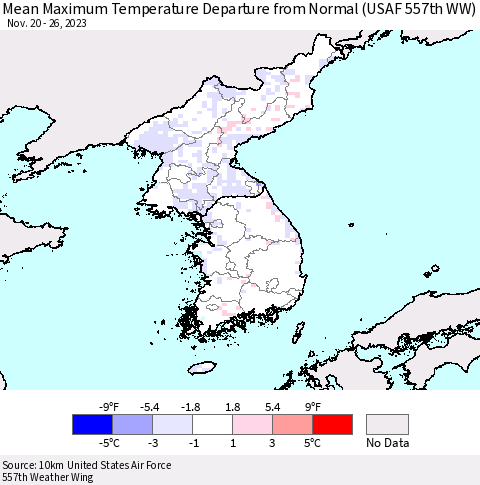Korea Mean Maximum Temperature Departure from Normal (USAF 557th WW) Thematic Map For 11/20/2023 - 11/26/2023