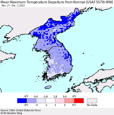Korea Mean Maximum Temperature Departure from Normal (USAF 557th WW) Thematic Map For 11/27/2023 - 12/3/2023
