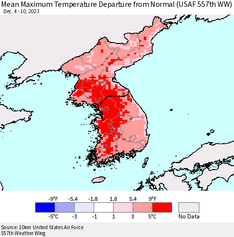 Korea Mean Maximum Temperature Departure from Normal (USAF 557th WW) Thematic Map For 12/4/2023 - 12/10/2023