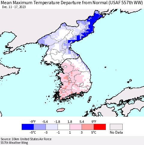Korea Mean Maximum Temperature Departure from Normal (USAF 557th WW) Thematic Map For 12/11/2023 - 12/17/2023