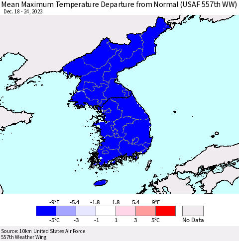 Korea Mean Maximum Temperature Departure from Normal (USAF 557th WW) Thematic Map For 12/18/2023 - 12/24/2023