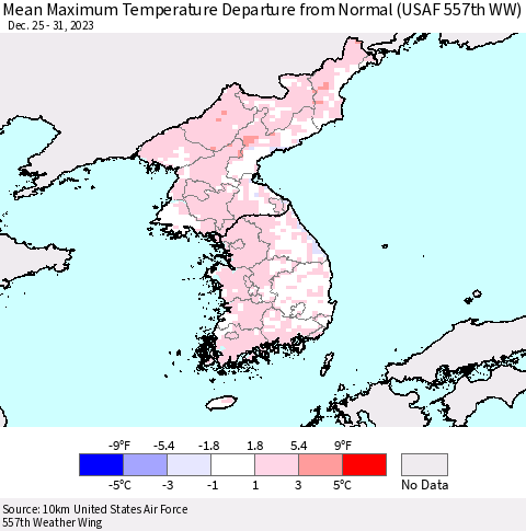 Korea Mean Maximum Temperature Departure from Normal (USAF 557th WW) Thematic Map For 12/25/2023 - 12/31/2023