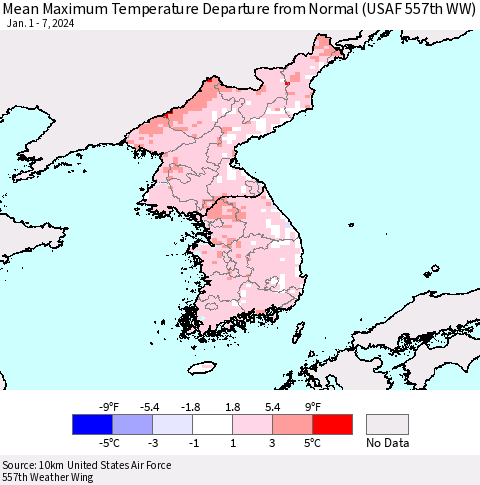 Korea Mean Maximum Temperature Departure from Normal (USAF 557th WW) Thematic Map For 1/1/2024 - 1/7/2024