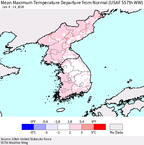 Korea Mean Maximum Temperature Departure from Normal (USAF 557th WW) Thematic Map For 1/8/2024 - 1/14/2024