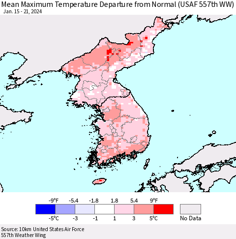 Korea Mean Maximum Temperature Departure from Normal (USAF 557th WW) Thematic Map For 1/15/2024 - 1/21/2024