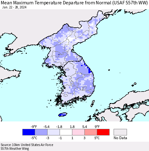 Korea Mean Maximum Temperature Departure from Normal (USAF 557th WW) Thematic Map For 1/22/2024 - 1/28/2024
