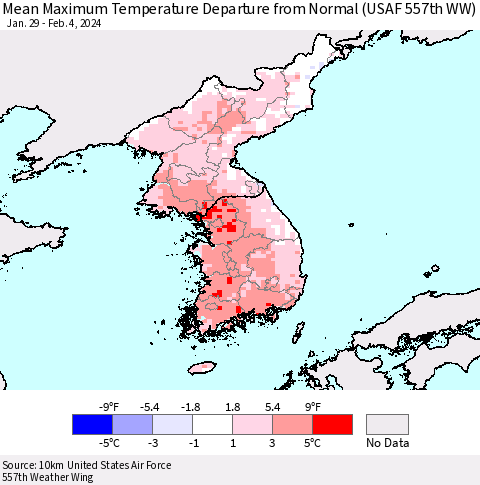 Korea Mean Maximum Temperature Departure from Normal (USAF 557th WW) Thematic Map For 1/29/2024 - 2/4/2024