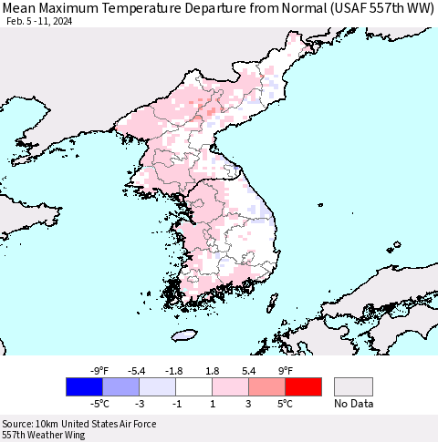 Korea Mean Maximum Temperature Departure from Normal (USAF 557th WW) Thematic Map For 2/5/2024 - 2/11/2024