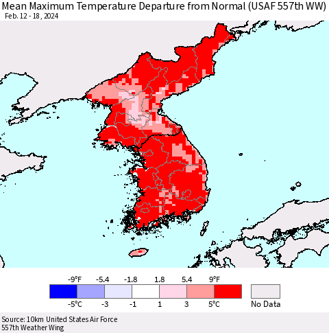 Korea Mean Maximum Temperature Departure from Normal (USAF 557th WW) Thematic Map For 2/12/2024 - 2/18/2024