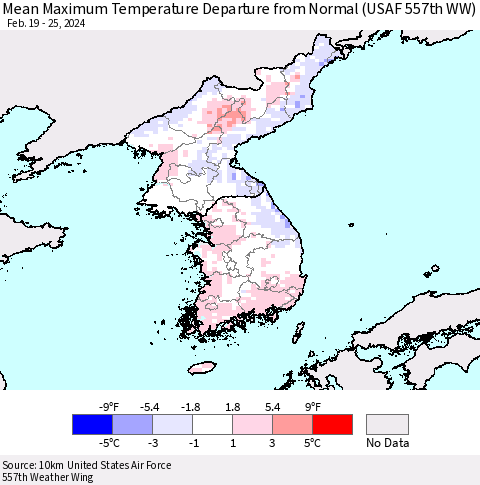 Korea Mean Maximum Temperature Departure from Normal (USAF 557th WW) Thematic Map For 2/19/2024 - 2/25/2024