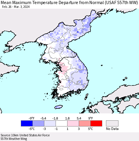 Korea Mean Maximum Temperature Departure from Normal (USAF 557th WW) Thematic Map For 2/26/2024 - 3/3/2024