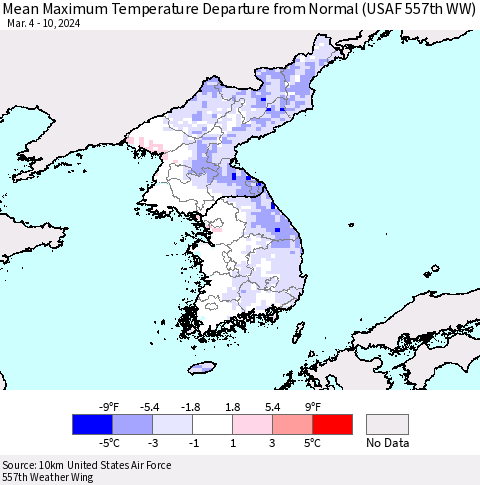 Korea Mean Maximum Temperature Departure from Normal (USAF 557th WW) Thematic Map For 3/4/2024 - 3/10/2024